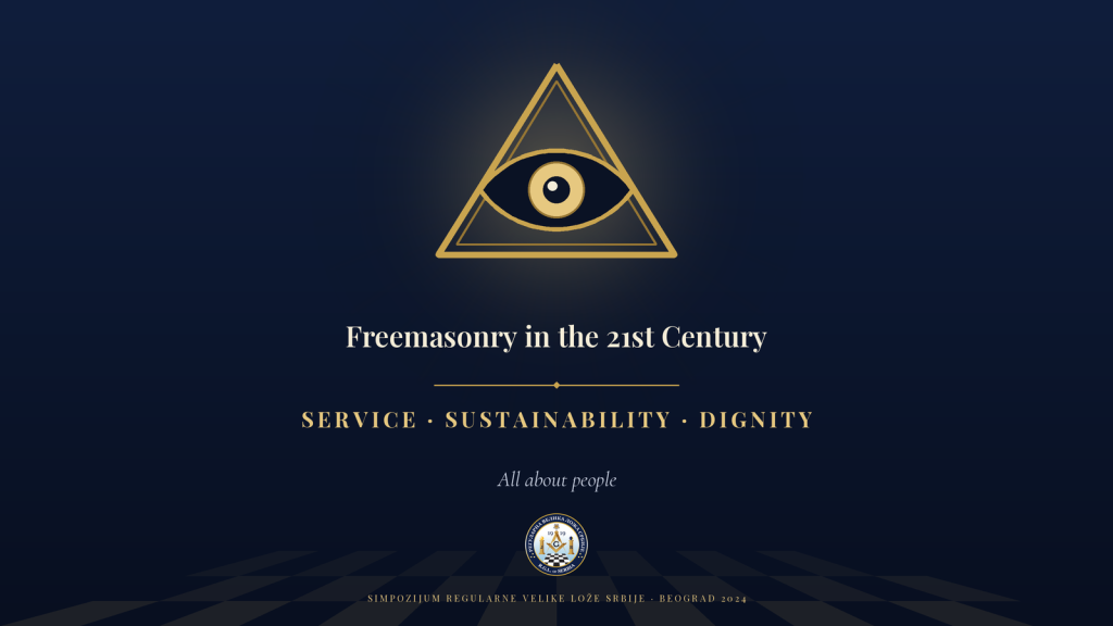 Svevideće oko u trouglu i motto simpozijuma — Service, Sustainability, Dignity