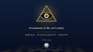 Svevideće oko u trouglu i motto simpozijuma — Service, Sustainability, Dignity